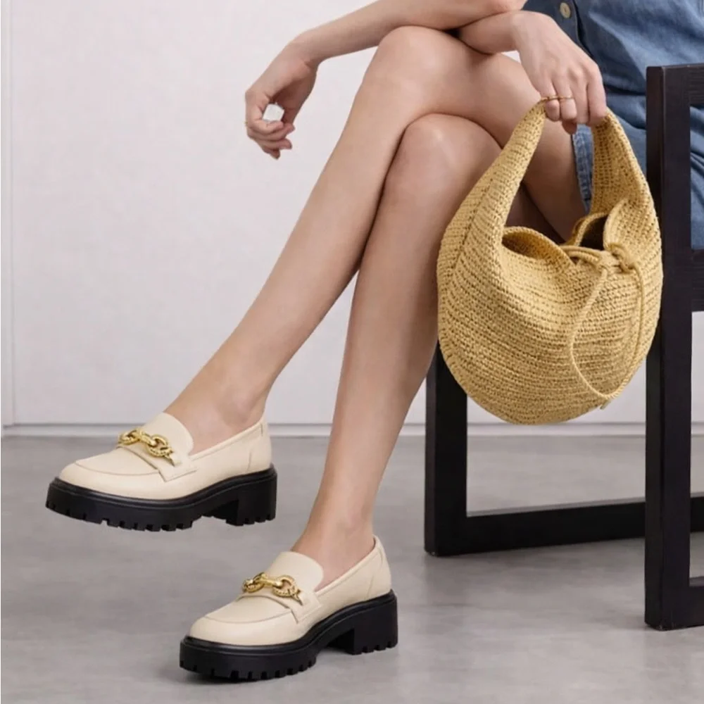 Tory Burch Jessa Equestrian lug sole platform loafers cream size 7 NEW